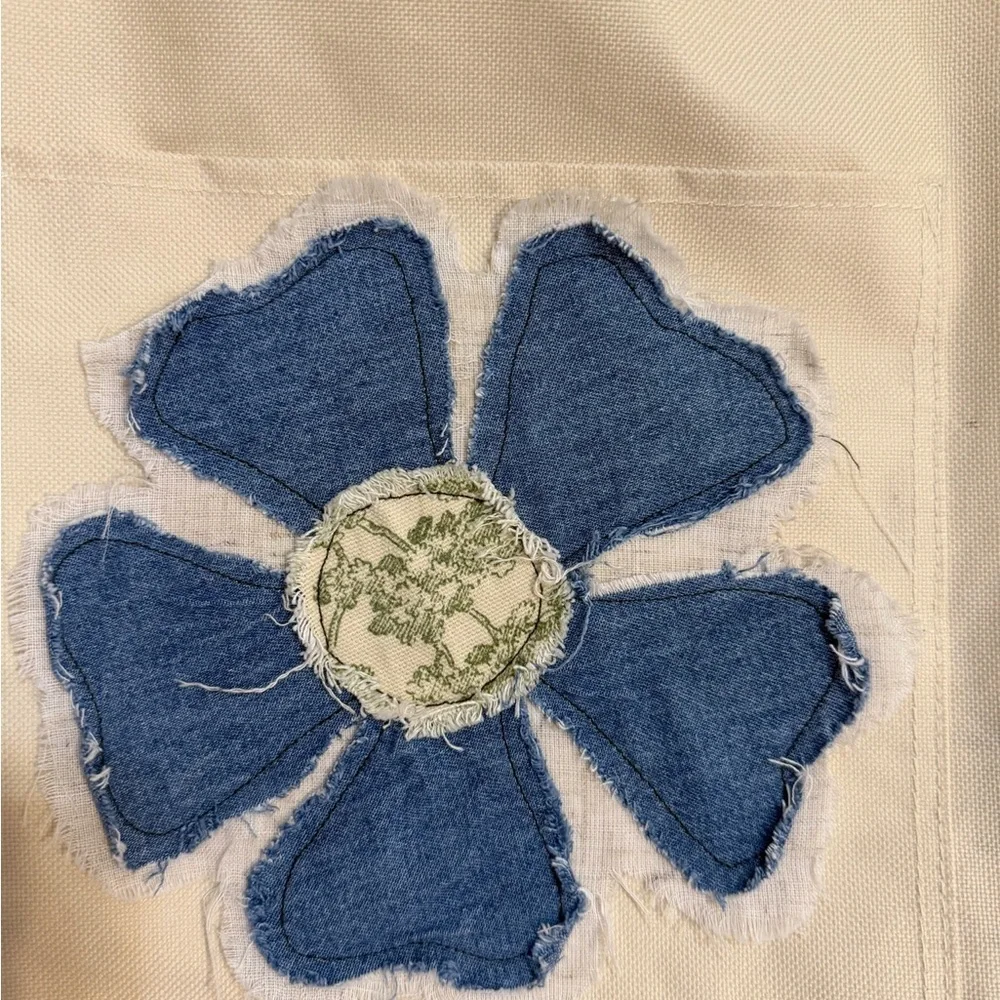 Upcycled Canvas Cream Beige Tote Bag with Blue Floral Accent